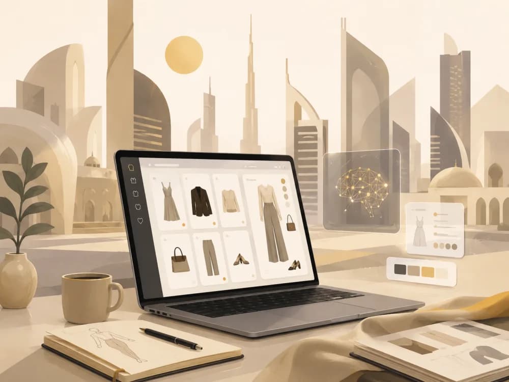 The Fashion Frame app on a laptop against a stylized UAE skyline