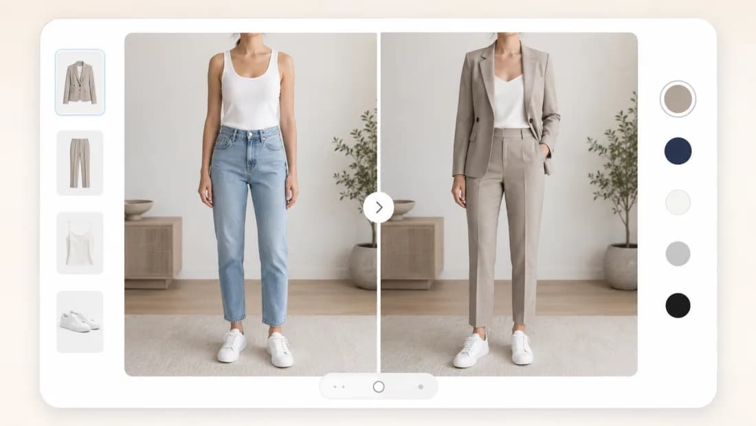 Virtual try-on preview comparing a casual look with a styled outfit on the same person