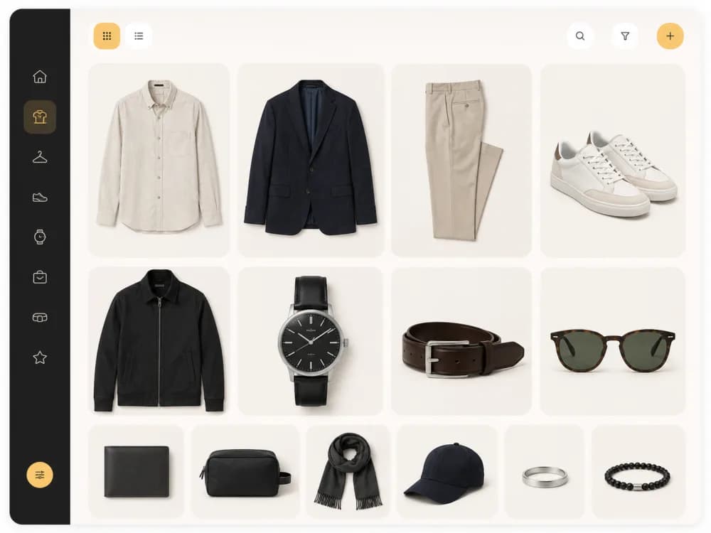 Digital wardrobe grid of catalogued clothing items in the Fashion Frame app