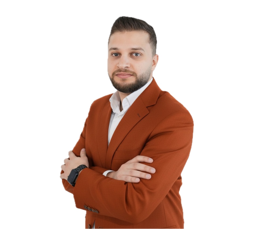 Same person shown wearing a rust-colored blazer — demonstrating virtual try-on